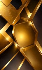 Poster - a complex arrangement of golden geometric shapes, including hexagons, octagons, and triangles, set against a dark background The shapes are arranged in a way that creates a