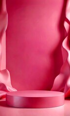 Poster - A pink podium stands against a pink background, with a flowing pink curtain on either side
