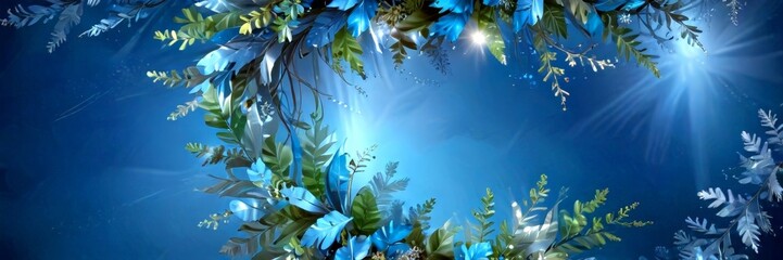 Poster - A wreath of vibrant blue and green leaves and flowers, with a radiant sunburst effect, creates a serene and enchanting underwater scene