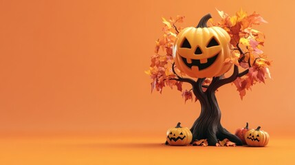 a jack-o-lantern pumpkin sits on a tree with leaves, two other pumpkins sit at the base of the tree.