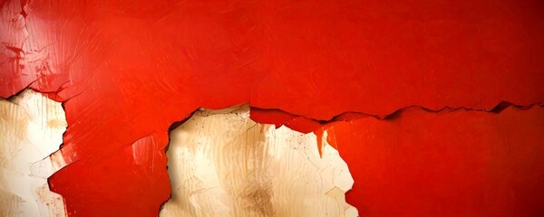 Poster - a close-up view red wall with a large crack running through it, revealing a layer of beige paint underneath