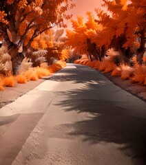 Poster - A winding road through a vibrant autumn landscape, with trees and bushes in shades of orange and yellow casting long shadows on the road