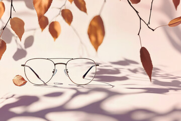 Poster - Fall glasses collection sale concept. Trendy eyeglasses on peach background with autumn leaves. Trendy Fashion accessories. Copy space. Seasonal sale, special offer. Optic store discount banner