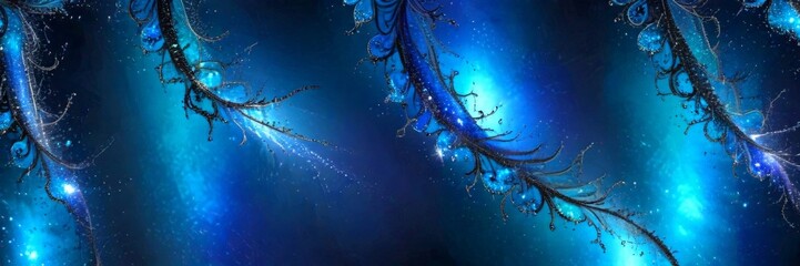 Fototapete - a fantastical underwater scene with intricate, ethereal blue and black patterns resembling a spider web or a delicate, glowing plant The background is a deep blue, reminiscent