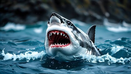 Mighty shark displaying fierce jaws in the depths of a rich blue ocean