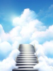 Wall Mural - bright blue sky with white clouds featuring an upward staircase leading to heaven