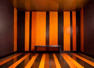 Poster - a minimalist interior space with a black bench against a wall adorned with vertical stripes in shades of orange and black