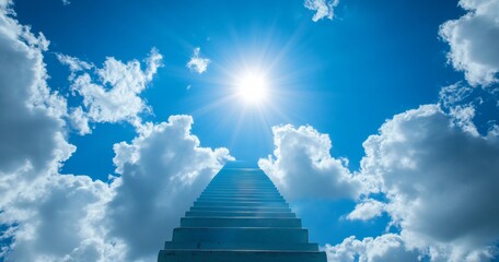 Wall Mural - bright blue sky with white clouds featuring an upward staircase leading to heaven