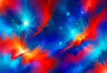Poster - a vibrant abstract composition featuring swirling patterns of red, blue, and orange hues, with small white dots scattered throughout, creating a sense of depth
