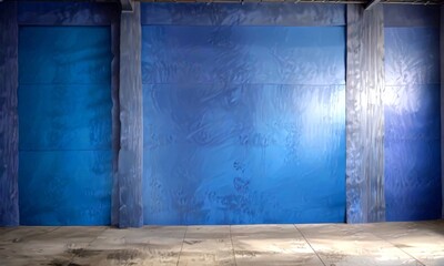Fototapete - a large, blue-painted wall with a pattern of vertical lines running across it The wall is situated in an empty room with a concrete floor