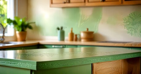 A kitchen counter with a green painted surface, featuring a decorative border, a plant, and various kitchen utensils