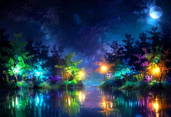 Poster - A serene night scene with a full moon illuminating a tranquil lake, surrounded by a lush forest with glowing trees and flowers reflecting in the water