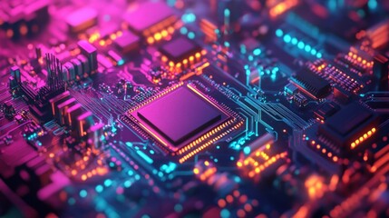 a vibrant close-up of a colorful computer circuit board, with cpu chips and processors representing 