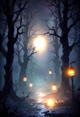 Poster - A Halloween scene in a dark forest, featuring a full moon, jack-o'-lanterns, and a lantern-lit path
