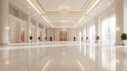 A spacious empty ballroom with white walls, large windows, and two chandeliers.