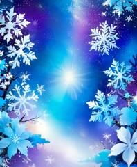 Aufkleber - A digital illustration winter scene with snowflakes, flowers, and a bright star against a purple and blue background