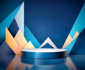 Leinwandbilder - A circular podium stands in the center dark blue background, surrounded by a geometric pattern of triangles in various shades of blue, orange, and white