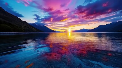 Sticker - Stunning Sunset Over Serene Lake with Mountain Reflection