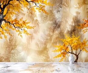 Poster - a serene indoor setting with a white vase containing a tree with yellow leaves, set against a textured beige wall with a tree mural