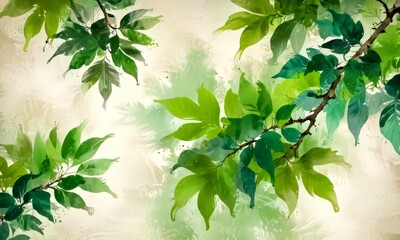 Aufkleber - a branch with lush green leaves against a soft, blurred background, creating a serene and tranquil atmosphere
