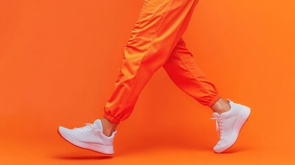 Closeup of a person's legs in orange sweatpants and white sneakers walking on an orange background.