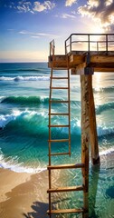 Leinwandbilder - A wooden pier with a ladder extends into the turquoise ocean, with a clear blue sky and sun peeking through the clouds in the background