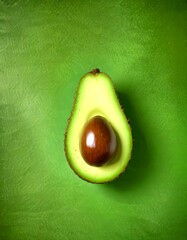 Aufkleber - A halved avocado with a brown pit sits on a green background, showcasing the creamy interior and the pit