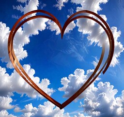 Poster - A heart-shaped sculpture made of metal stands out against a backdrop blue sky dotted with fluffy white clouds