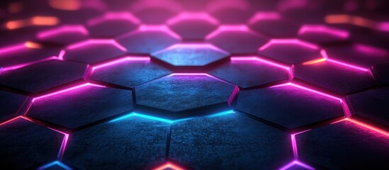 Wall Mural - Abstract hexagonal pattern with neon pink and blue light.