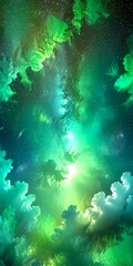 Aufkleber - a vibrant, ethereal scene starry night sky, with swirling clouds of green and blue hues The sky is filled with twinkling stars, creating a sense of depth and dimension