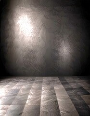 Poster - a dark, empty room with a checkered floor and a large, textured wall in the background