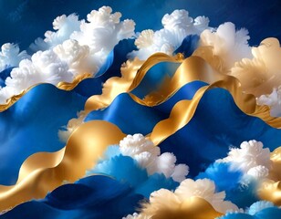 Poster - a surreal, dreamlike scene with swirling clouds in shades of blue and gold, creating a sense of movement and depth