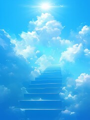 Wall Mural - bright blue sky with white clouds featuring an upward staircase leading to heaven