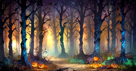 Poster - A Halloween-themed forest scene with a winding path, jack-o'-lanterns, and a glowing orange light in the distance
