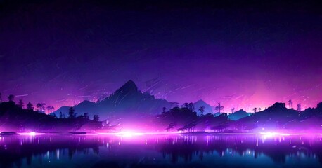 Poster - a serene night landscape with a calm lake reflecting the surrounding mountains and trees The sky is filled with a gradient of purple and blue hues, creating a