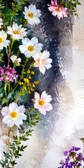 Aufkleber - A vibrant floral arrangement featuring white and pink cosmos flowers, yellow daisies, and purple flowers, set against a textured gray background
