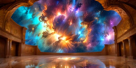 Aufkleber - a grand, ornate interior space with a large, colorful, and abstract mural covering the ceiling, creating a sense of depth and dimension