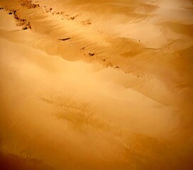 Poster - An aerial view sandy beach, with a line of footprints visible in the sand