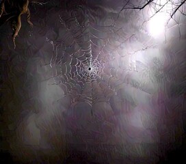 Poster - A spider web glistens in the dark, its intricate structure illuminated by a soft, ethereal light