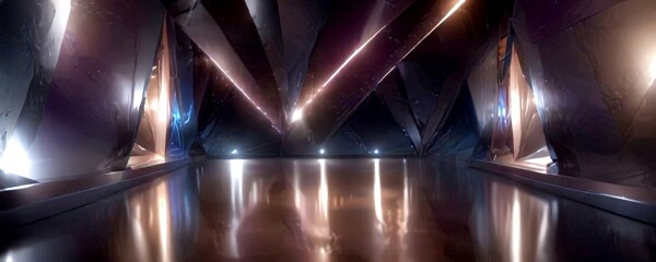 Leinwandbilder - a futuristic interior space with a reflective floor, angular, metallic structures, and a dramatic lighting effect, creating a sense of depth and movement