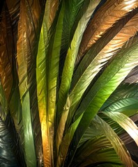 Aufkleber - A close-up view dense cluster of large, vibrant green leaves with a mix of brown and yellow hues, creating a lush and textured appearance