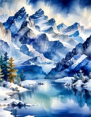 Poster - a serene winter landscape with snow-capped mountains, a calm lake, and a forested area in the foreground