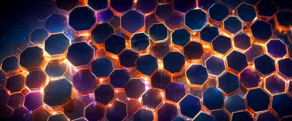 Poster - a close-up view pattern of hexagonal shapes in various shades of blue, purple, and orange, creating a visually striking and abstract design