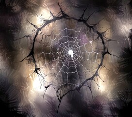 Poster - A spider web with a central white center is surrounded by a dark, textured background with a subtle glow of light