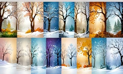 Poster - Twelve distinct winter scenes, each depicting a different season, showcasing the beauty of nature in various weather conditions