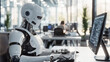 © Dina Photo Stories - Artificial intelligence robots working at computer in a modern office, data center. People and artificial intelligence futuristic robot working together in office. AI assistant business helper concept