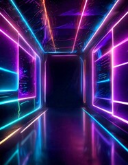 Fototapete - A futuristic corridor with neon lights reflecting on the floor, creating a mesmerizing and otherworldly atmosphere