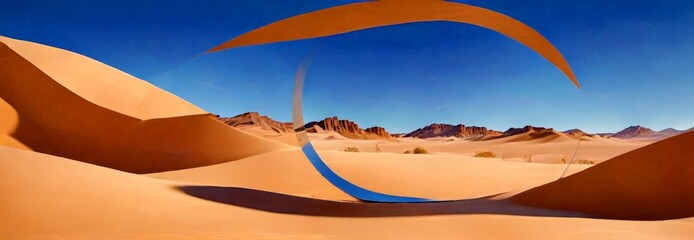 Aufkleber - A surreal desert landscape with sand dunes and mountains, framed by a large, curved, orange-brown structure in the foreground