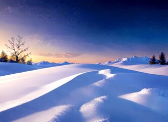 Poster - A serene winter landscape at sunset, featuring a snow-covered field with a lone tree, distant mountains, and a starry sky