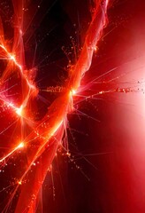 Poster - a vibrant abstract composition of red and orange hues, with a central line of light and dark lines radiating outwards, creating a dynamic and energetic visual effect